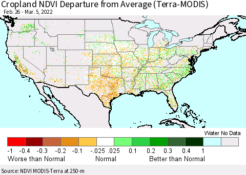 United States Cropland NDVI Departure from Average (Terra-MODIS) Thematic Map For 2/26/2022 - 3/5/2022