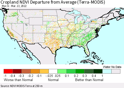 United States Cropland NDVI Departure from Average (Terra-MODIS) Thematic Map For 3/6/2022 - 3/13/2022