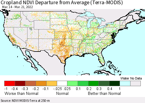 United States Cropland NDVI Departure from Average (Terra-MODIS) Thematic Map For 3/14/2022 - 3/21/2022