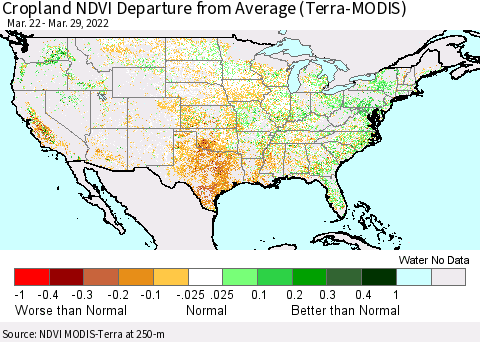 United States Cropland NDVI Departure from Average (Terra-MODIS) Thematic Map For 3/22/2022 - 3/29/2022