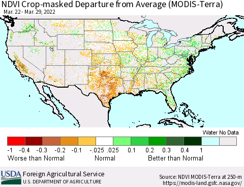 United States Cropland NDVI Departure from Average (Terra-MODIS) Thematic Map For 3/21/2022 - 3/31/2022