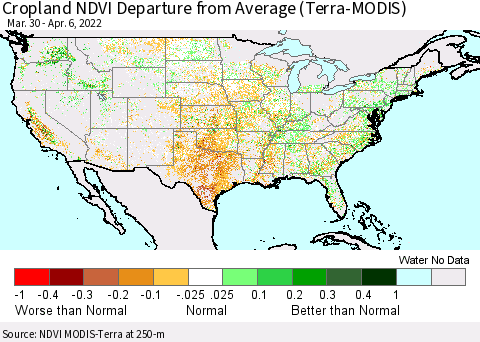 United States Cropland NDVI Departure from Average (Terra-MODIS) Thematic Map For 3/30/2022 - 4/6/2022