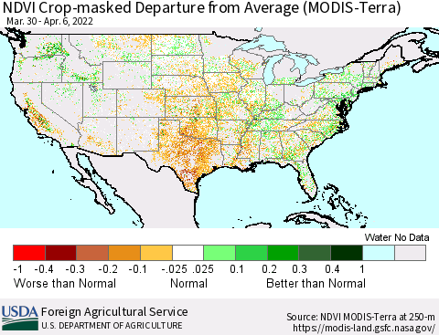 United States Cropland NDVI Departure from Average (Terra-MODIS) Thematic Map For 4/1/2022 - 4/10/2022