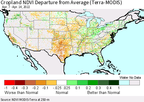 United States Cropland NDVI Departure from Average (Terra-MODIS) Thematic Map For 4/7/2022 - 4/14/2022