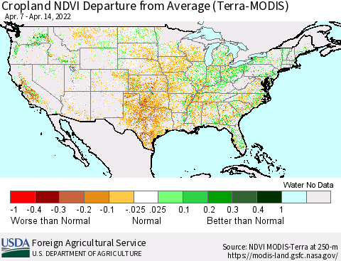 United States Cropland NDVI Departure from Average (Terra-MODIS) Thematic Map For 4/11/2022 - 4/20/2022