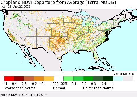 United States Cropland NDVI Departure from Average (Terra-MODIS) Thematic Map For 4/15/2022 - 4/22/2022