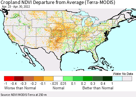 United States Cropland NDVI Departure from Average (Terra-MODIS) Thematic Map For 4/21/2022 - 4/30/2022