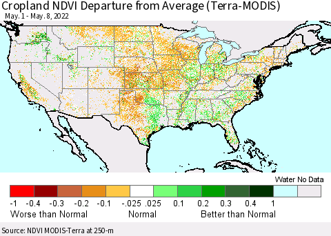 United States Cropland NDVI Departure from Average (Terra-MODIS) Thematic Map For 5/1/2022 - 5/8/2022