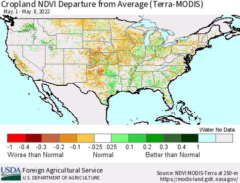 United States Cropland NDVI Departure from Average (Terra-MODIS) Thematic Map For 5/1/2022 - 5/10/2022