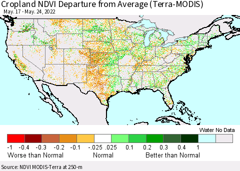 United States Cropland NDVI Departure from Average (Terra-MODIS) Thematic Map For 5/17/2022 - 5/24/2022