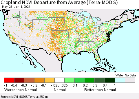 United States Cropland NDVI Departure from Average (Terra-MODIS) Thematic Map For 5/25/2022 - 6/1/2022