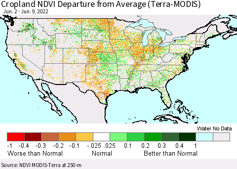United States Cropland NDVI Departure from Average (Terra-MODIS) Thematic Map For 6/2/2022 - 6/9/2022