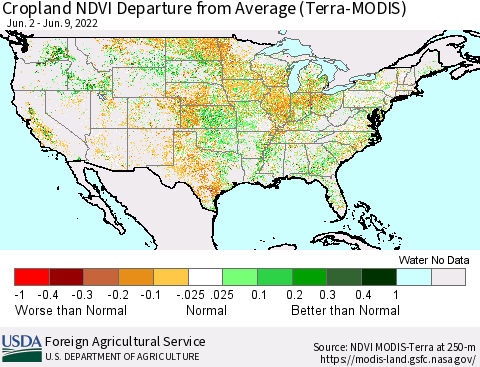 United States Cropland NDVI Departure from Average (Terra-MODIS) Thematic Map For 6/1/2022 - 6/10/2022