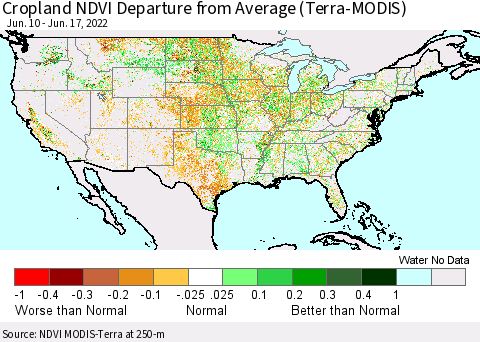United States Cropland NDVI Departure from Average (Terra-MODIS) Thematic Map For 6/10/2022 - 6/17/2022