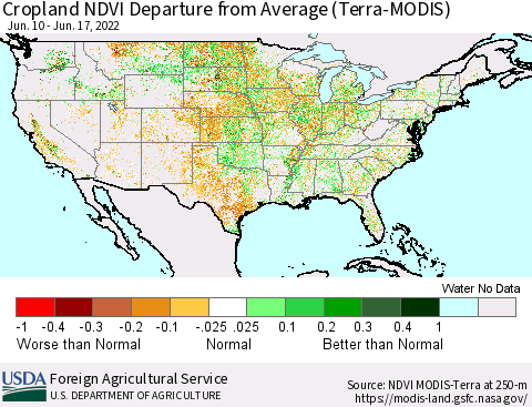 United States Cropland NDVI Departure from Average (Terra-MODIS) Thematic Map For 6/11/2022 - 6/20/2022