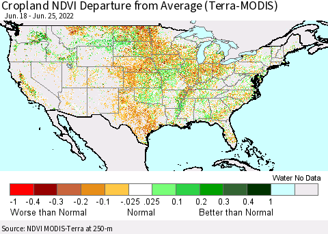 United States Cropland NDVI Departure from Average (Terra-MODIS) Thematic Map For 6/18/2022 - 6/25/2022