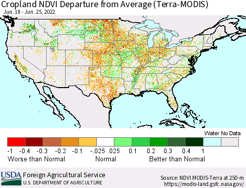 United States Cropland NDVI Departure from Average (Terra-MODIS) Thematic Map For 6/21/2022 - 6/30/2022