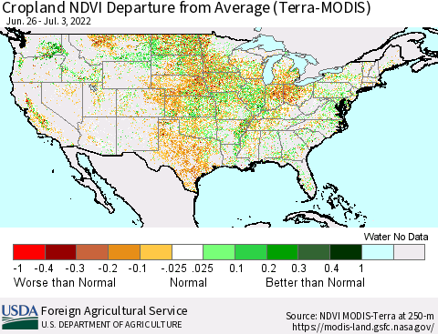 United States Cropland NDVI Departure from Average (Terra-MODIS) Thematic Map For 7/1/2022 - 7/10/2022