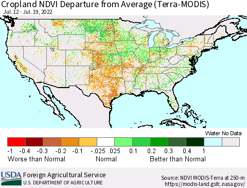 United States Cropland NDVI Departure from Average (Terra-MODIS) Thematic Map For 7/11/2022 - 7/20/2022
