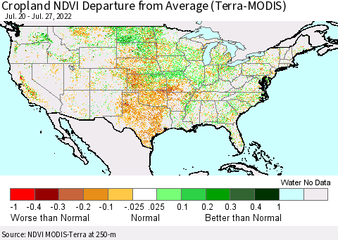 United States Cropland NDVI Departure from Average (Terra-MODIS) Thematic Map For 7/20/2022 - 7/27/2022