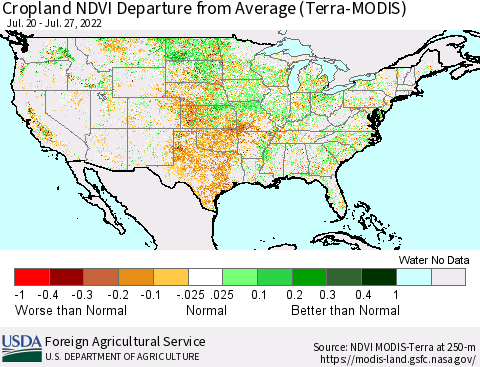 United States Cropland NDVI Departure from Average (Terra-MODIS) Thematic Map For 7/21/2022 - 7/31/2022