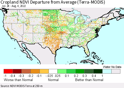 United States Cropland NDVI Departure from Average (Terra-MODIS) Thematic Map For 7/28/2022 - 8/4/2022