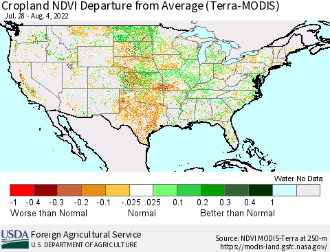 United States Cropland NDVI Departure from Average (Terra-MODIS) Thematic Map For 8/1/2022 - 8/10/2022