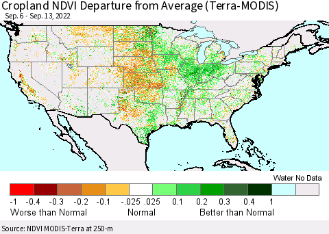 United States Cropland NDVI Departure from Average (Terra-MODIS) Thematic Map For 9/6/2022 - 9/13/2022