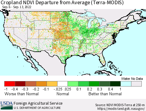 United States Cropland NDVI Departure from Average (Terra-MODIS) Thematic Map For 9/11/2022 - 9/20/2022
