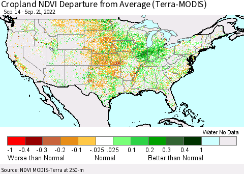 United States Cropland NDVI Departure from Average (Terra-MODIS) Thematic Map For 9/14/2022 - 9/21/2022