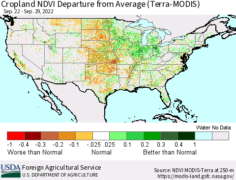 United States Cropland NDVI Departure from Average (Terra-MODIS) Thematic Map For 9/21/2022 - 9/30/2022