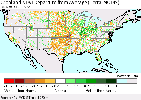United States Cropland NDVI Departure from Average (Terra-MODIS) Thematic Map For 9/30/2022 - 10/7/2022