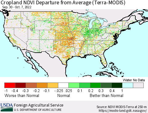 United States Cropland NDVI Departure from Average (Terra-MODIS) Thematic Map For 10/1/2022 - 10/10/2022