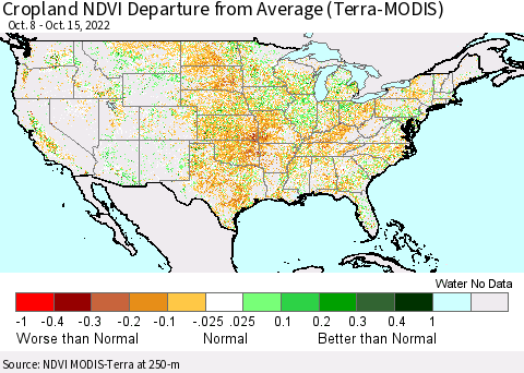 United States Cropland NDVI Departure from Average (Terra-MODIS) Thematic Map For 10/8/2022 - 10/15/2022