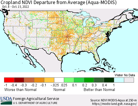 United States Cropland NDVI Departure from Average (Terra-MODIS) Thematic Map For 10/11/2022 - 10/20/2022