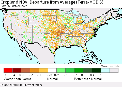 United States Cropland NDVI Departure from Average (Terra-MODIS) Thematic Map For 10/16/2022 - 10/23/2022
