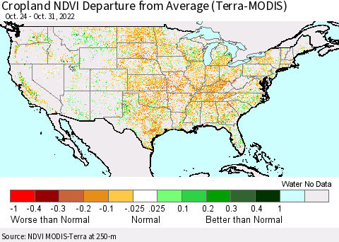 United States Cropland NDVI Departure from Average (Terra-MODIS) Thematic Map For 10/21/2022 - 10/31/2022