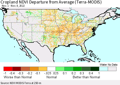 United States Cropland NDVI Departure from Average (Terra-MODIS) Thematic Map For 11/1/2022 - 11/8/2022