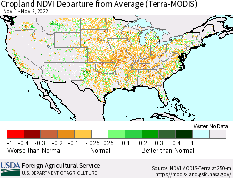 United States Cropland NDVI Departure from Average (Terra-MODIS) Thematic Map For 11/1/2022 - 11/10/2022