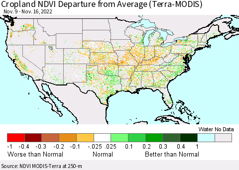 United States Cropland NDVI Departure from Average (Terra-MODIS) Thematic Map For 11/9/2022 - 11/16/2022