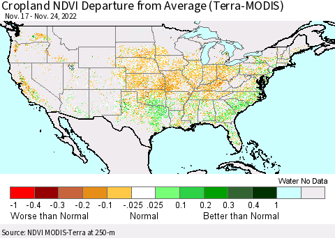 United States Cropland NDVI Departure from Average (Terra-MODIS) Thematic Map For 11/17/2022 - 11/24/2022