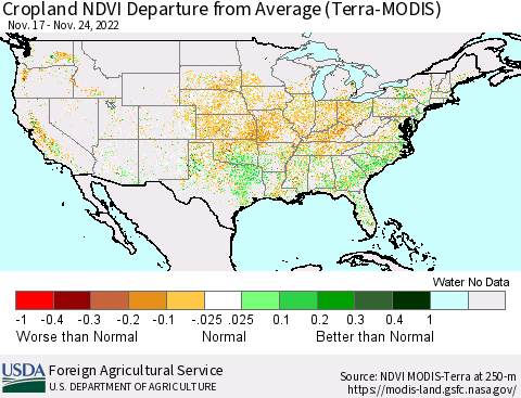United States Cropland NDVI Departure from Average (Terra-MODIS) Thematic Map For 11/21/2022 - 11/30/2022