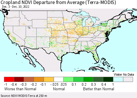 United States Cropland NDVI Departure from Average (Terra-MODIS) Thematic Map For 12/3/2022 - 12/10/2022