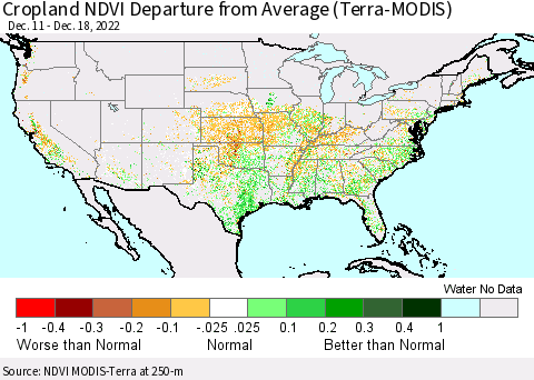 United States Cropland NDVI Departure from Average (Terra-MODIS) Thematic Map For 12/11/2022 - 12/18/2022