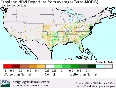 United States Cropland NDVI Departure from Average (Terra-MODIS) Thematic Map For 12/21/2022 - 12/31/2022