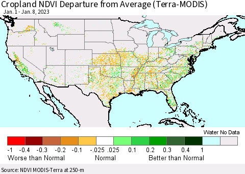 United States Cropland NDVI Departure from Average (Terra-MODIS) Thematic Map For 1/1/2023 - 1/8/2023