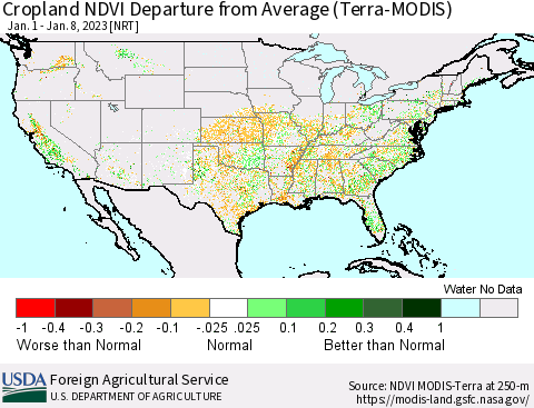 United States Cropland NDVI Departure from Average (Terra-MODIS) Thematic Map For 1/1/2023 - 1/10/2023