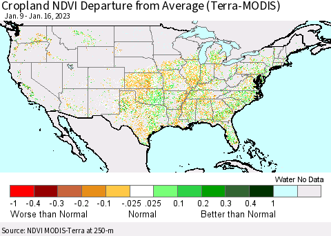 United States Cropland NDVI Departure from Average (Terra-MODIS) Thematic Map For 1/9/2023 - 1/16/2023