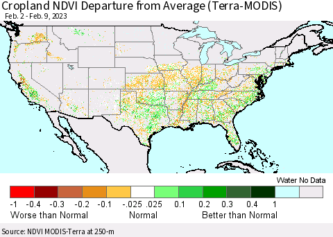United States Cropland NDVI Departure from Average (Terra-MODIS) Thematic Map For 2/2/2023 - 2/9/2023