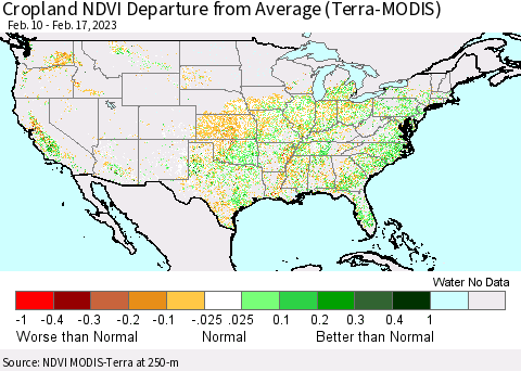 United States Cropland NDVI Departure from Average (Terra-MODIS) Thematic Map For 2/10/2023 - 2/17/2023